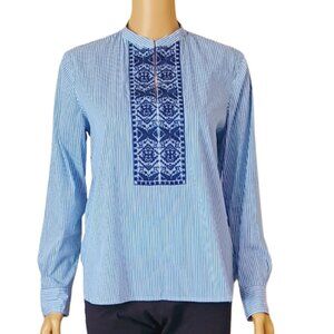 Chaps Embroidered Stripe Tunic Top PM Blue White Long Sleeve Scoop Hem Blouse